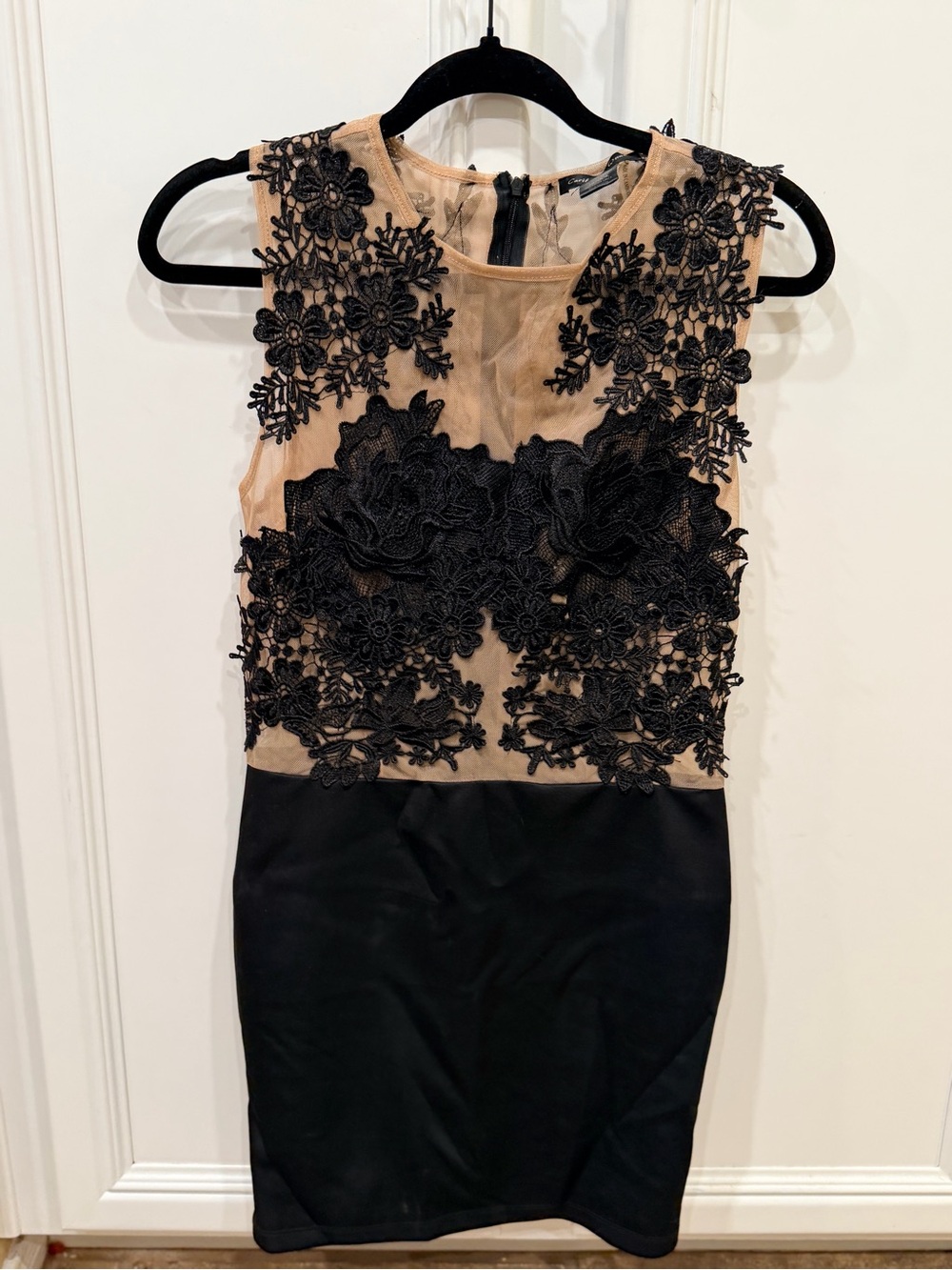 Caribbean Queen Black Floral Lace Appliqué Mini Dress with Nude Bodice